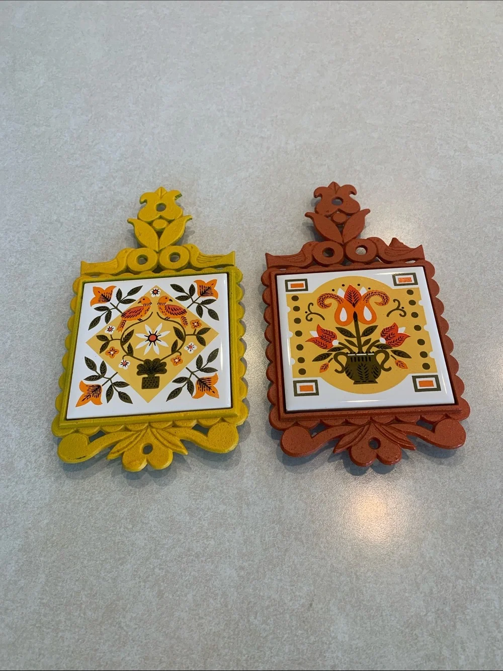 Vintage Napcoware Japan MCM Cast Iron Trivets Footed Orange Yellow Set of 2